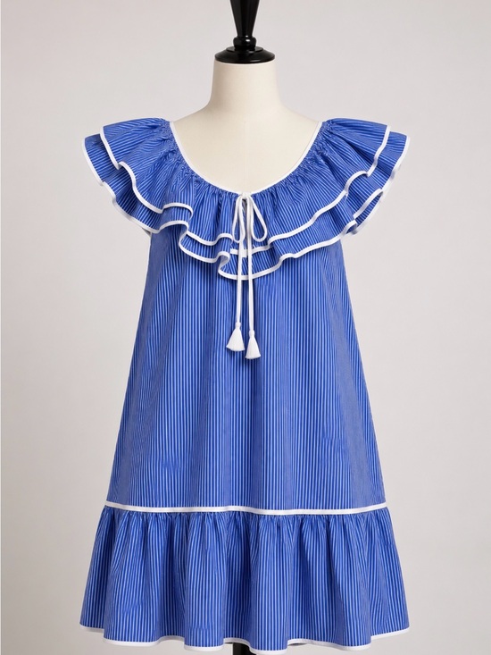 Umgee Dresses & Skirts - Umgee Blue and White Striped Ruffle Mini Dress